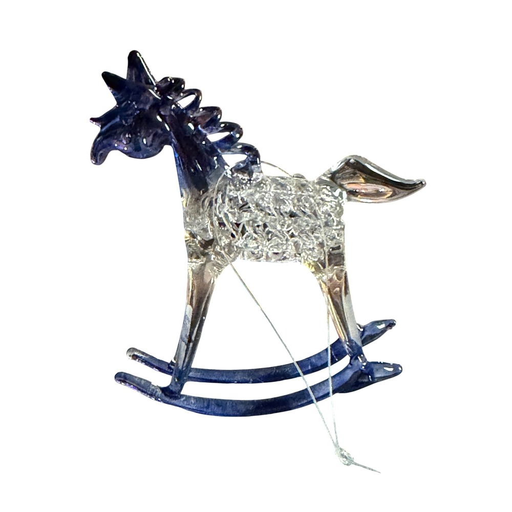 Vintage Spun Glass Rocking Horse Ornament Blue Clear Hand Blown Figurine